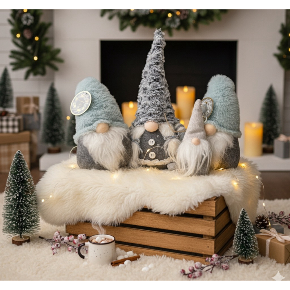 Tinsel & Fir Holiday Decor Gnomes Set of 4 Light Blue Grey White